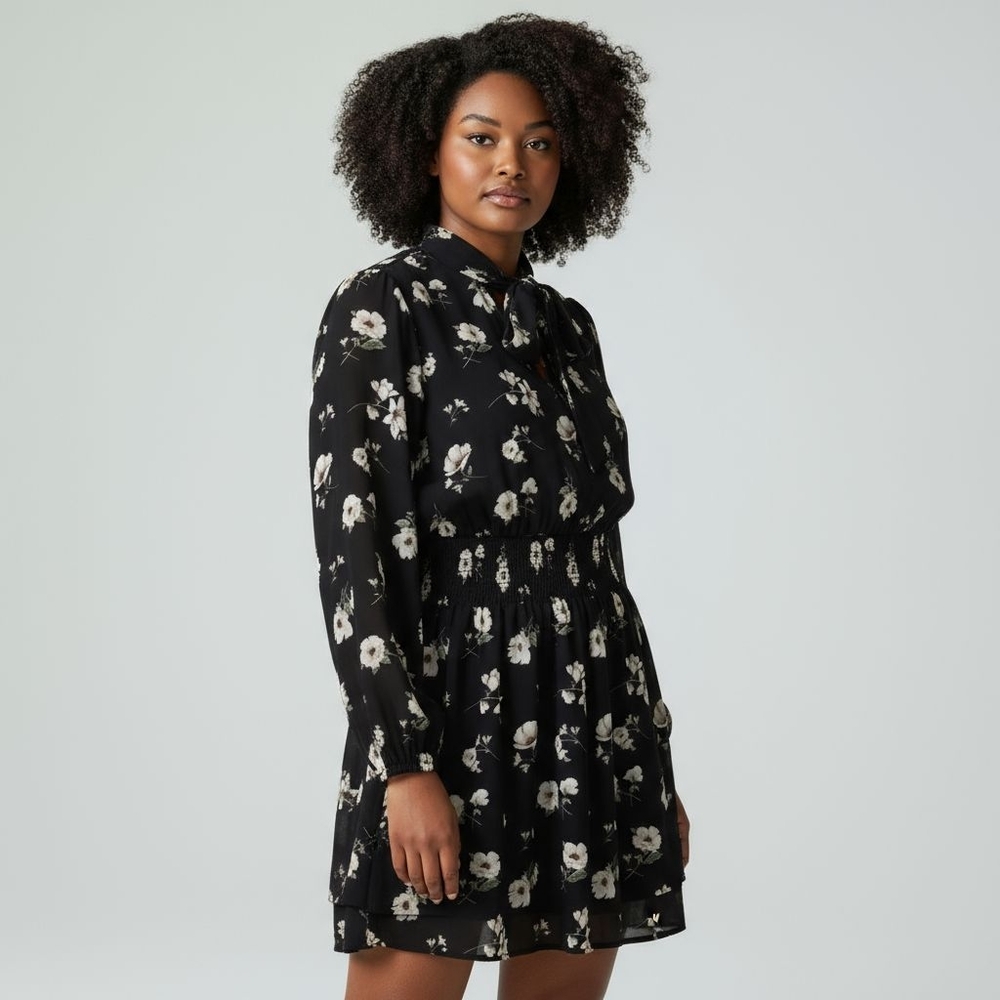 Forever 21 Black Floral Long Sleeve Tiered Flowy Mini Dress Tie Neck 3X Modest